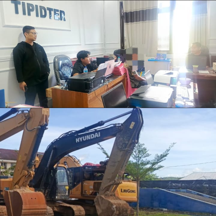 Saksi saat diperiksa dan 1 alat berat Excavator yang berhasil di amankan Polres Pohuwato