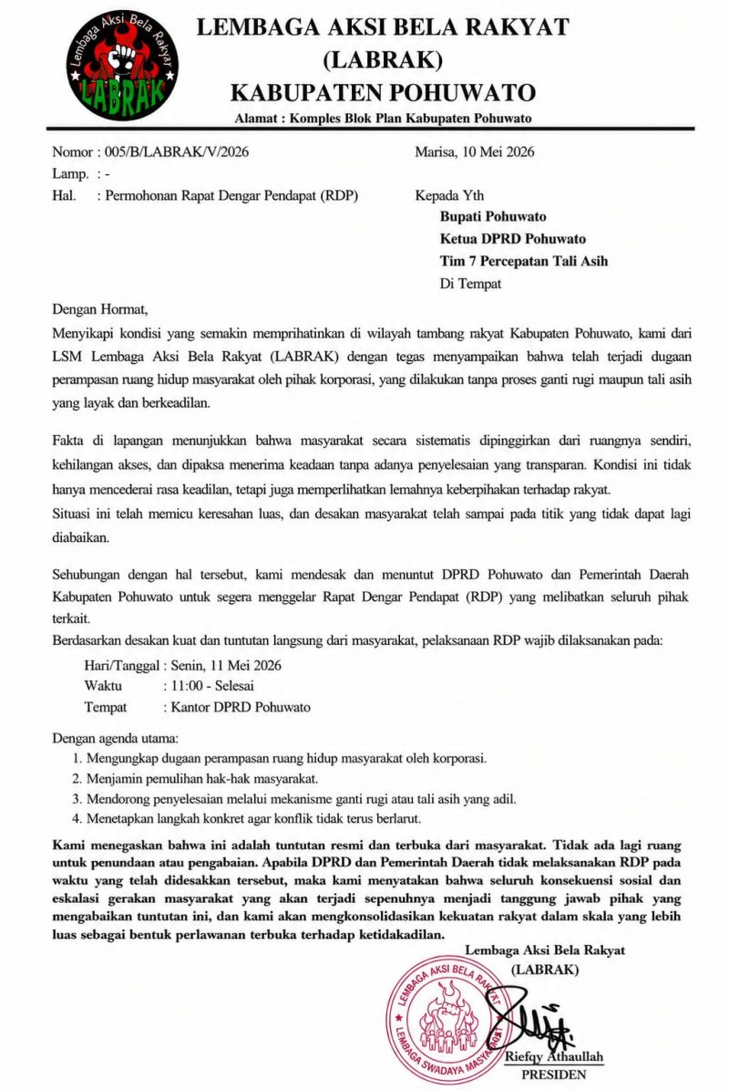 Surat Permohonan RDP dari Lembaga Aksi Bela Rakyat/Dok:Akulturasipost