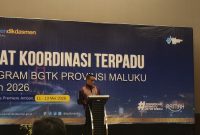 Kepala BGTK Provinsi Maluku, Eky Aristanto P. Punu, saat memberikan sambutan pada kegiatan Rapat Koordinasi Terpadu Tahun 2026 di  Hotel Santika Premiere Ambon/Dok Akulturasipost