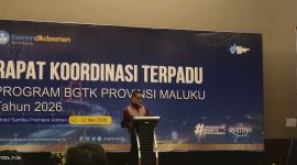 Kepala BGTK Provinsi Maluku, Eky Aristanto P. Punu, saat memberikan sambutan pada kegiatan Rapat Koordinasi Terpadu Tahun 2026 di  Hotel Santika Premiere Ambon/Dok Akulturasipost
