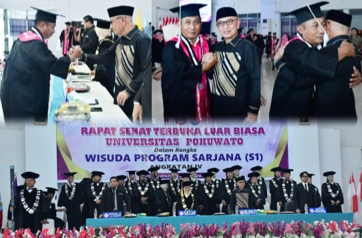 Momen saat Bupati Pohuwato Saipul Mbuinga memeluk Wisudawan Sonnie Samoe yang dikenal merupakan Kritikus aktif terhadap kebijakan pemerintah. Dok Istimewa