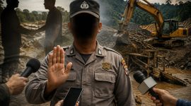 Ilustrasi Oknum Anggota Polres Pohuwato saat mengklarifikasi isu terkait keterlibatannya di PETI TOMULA, di tingkatkan menggunakan Artifisial intelejen. 