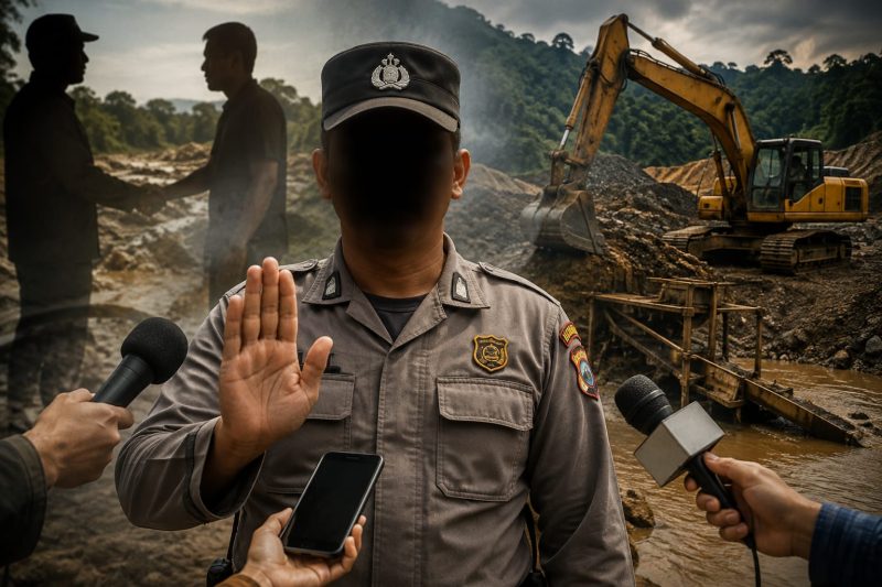 Ilustrasi Oknum Anggota Polres Pohuwato saat mengklarifikasi isu terkait keterlibatannya di PETI TOMULA, di tingkatkan menggunakan Artifisial intelejen. 